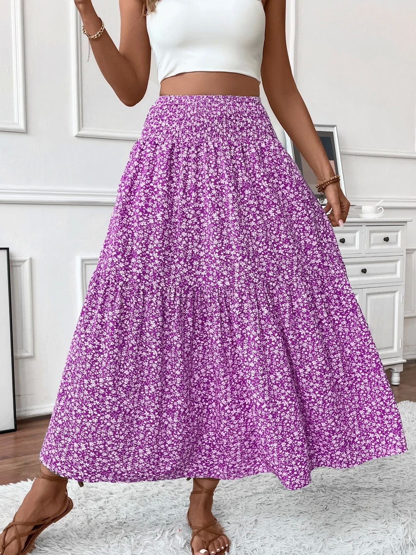 Floral Print High Waist A-line Skirt