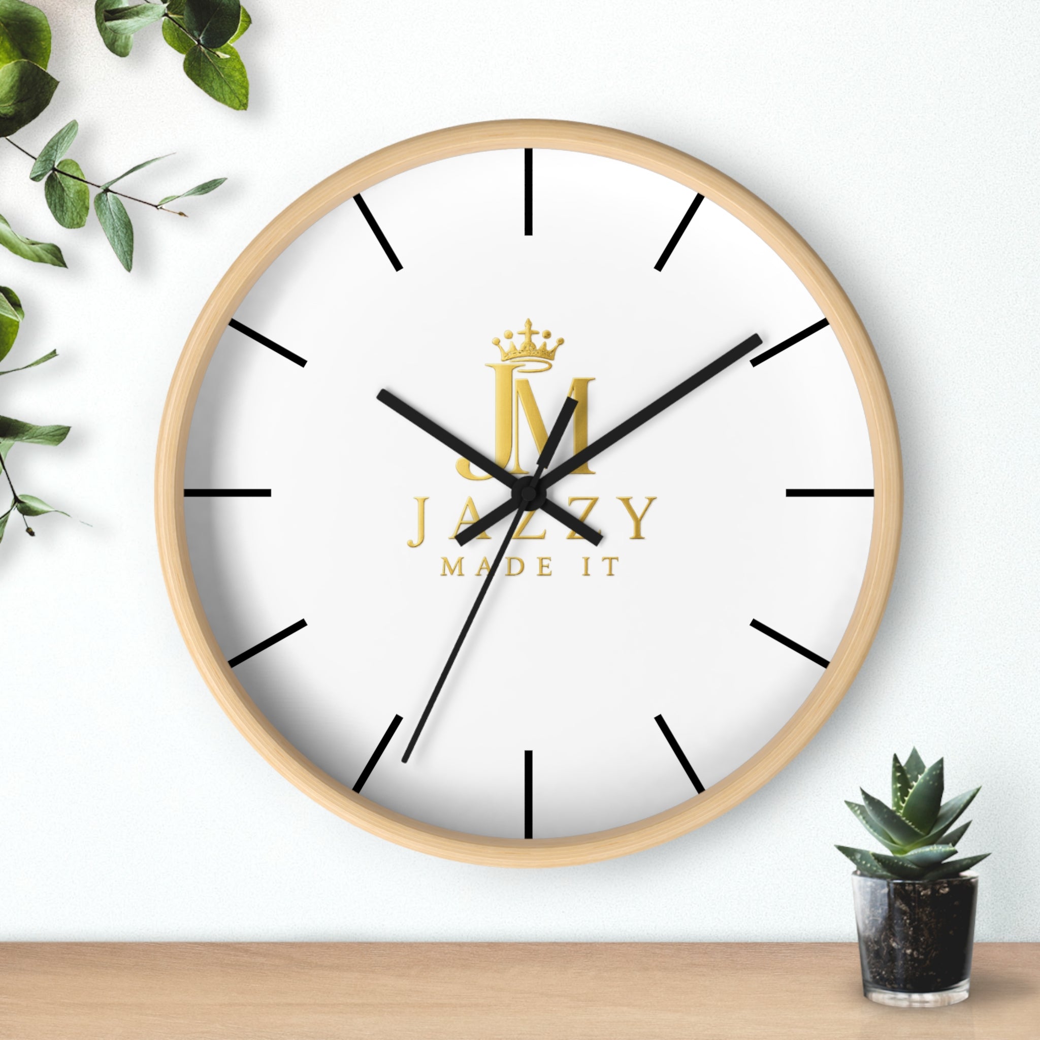 Minimalist Gold Crest Wall Clock — 'Jazzy Made It' Logo Decorative Clock