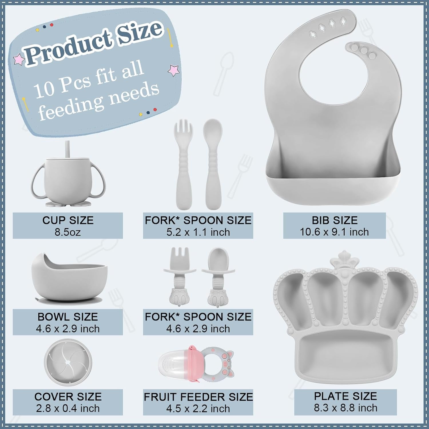 Silicone Baby Feeding Set 10 Pcs Baby Led Weaning Supplies Suction Bowl Divided Plate Baby Bibs Fruit Feeder Pacifier Baby Spoons Forks Sippy Cup Utensil Sets Baby Essentials for Newborn Grey