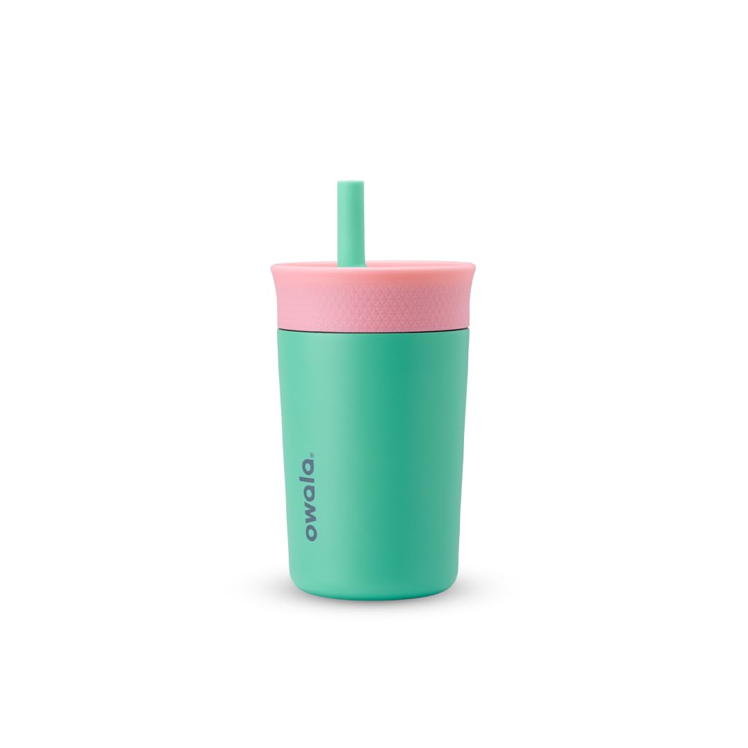 Owala Kids Insulation Stainless Steel Tumbler with Spill Resistant Flexible Straw, Easy to Clean, Kids Water Bottle, Great for Travel, Dishwasher Safe, 12 Oz, Pink and Purple (Lilac Rocket)