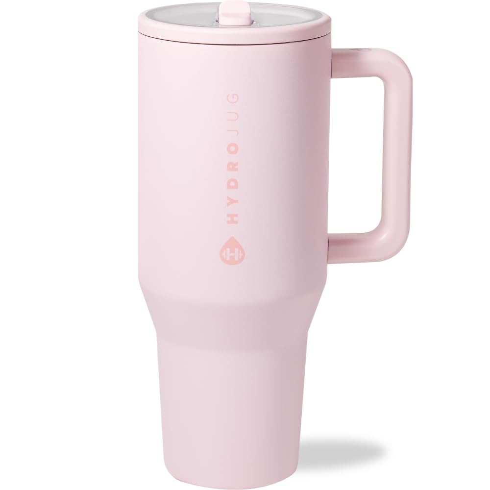 HydroJug Traveler - 32 oz Water Bottle with Handle & Flip Straw - Fits in Cup Holder, Leak Resistant Tumbler-Reusable Insulated Stainless Steel & Rubber Base - Gifts for Women & Men, Pink Sand