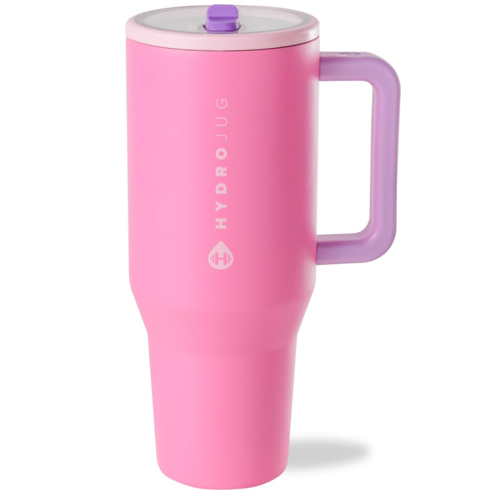 HydroJug Traveler - 32 oz Water Bottle with Handle & Flip Straw - Fits in Cup Holder, Leak Resistant Tumbler-Reusable Insulated Stainless Steel & Rubber Base - Gifts for Women & Men, Pink Sand