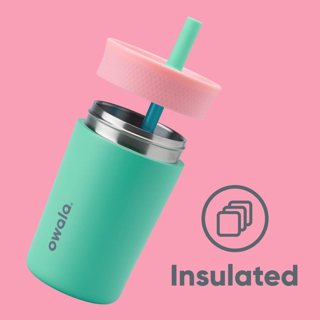 Owala Kids Insulation Stainless Steel Tumbler with Spill Resistant Flexible Straw, Easy to Clean, Kids Water Bottle, Great for Travel, Dishwasher Safe, 12 Oz, Pink and Purple (Lilac Rocket)