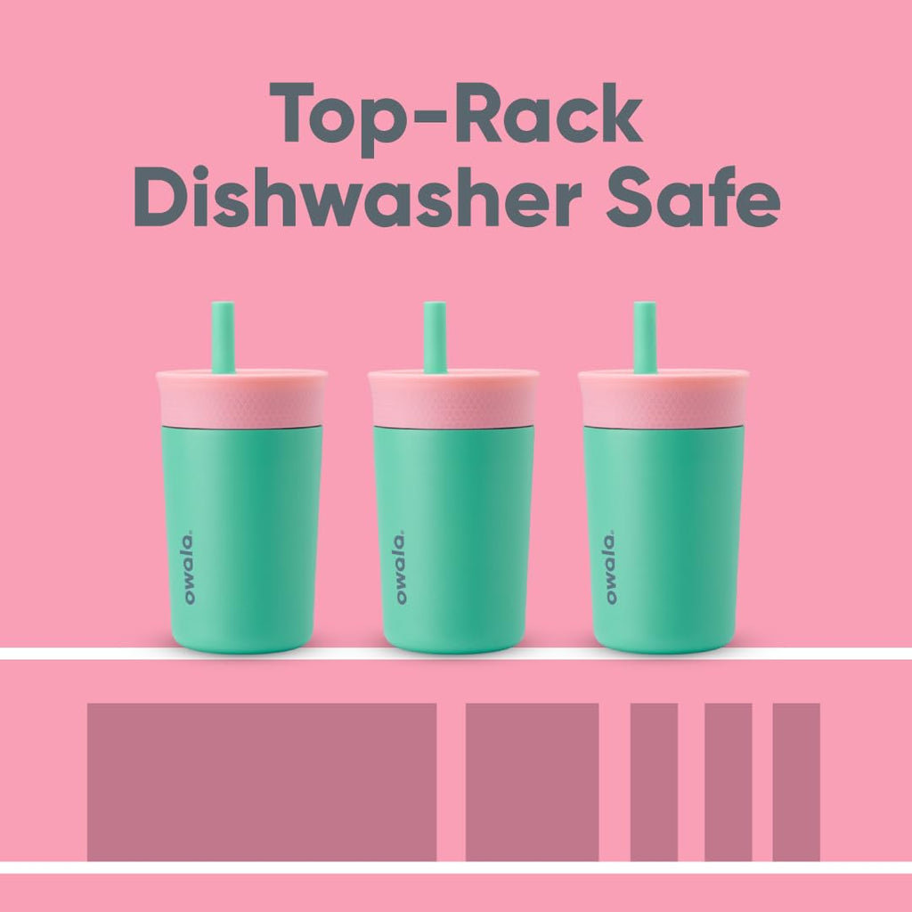 Owala Kids Insulation Stainless Steel Tumbler with Spill Resistant Flexible Straw, Easy to Clean, Kids Water Bottle, Great for Travel, Dishwasher Safe, 12 Oz, Pink and Purple (Lilac Rocket)