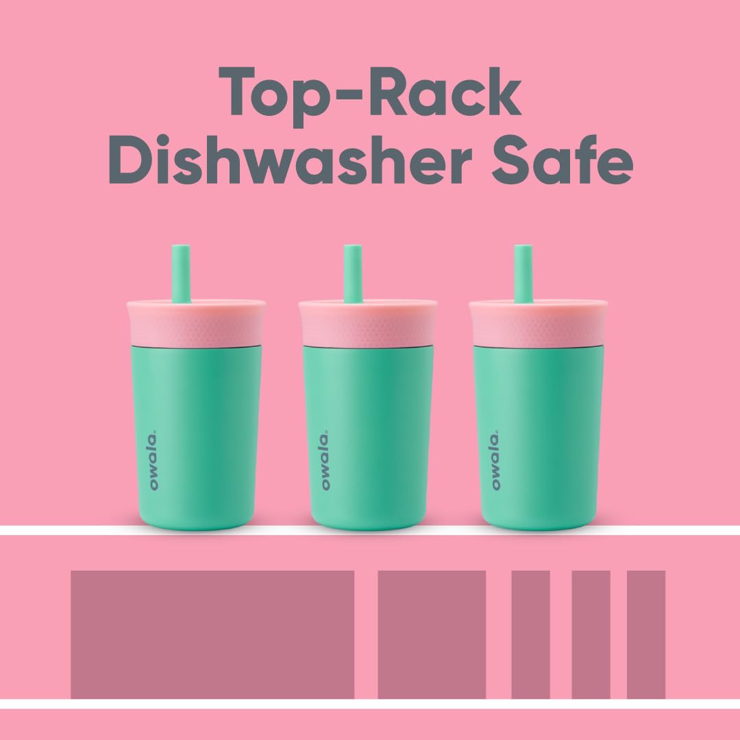 Owala Kids Insulation Stainless Steel Tumbler with Spill Resistant Flexible Straw, Easy to Clean, Kids Water Bottle, Great for Travel, Dishwasher Safe, 12 Oz, Pink and Purple (Lilac Rocket)