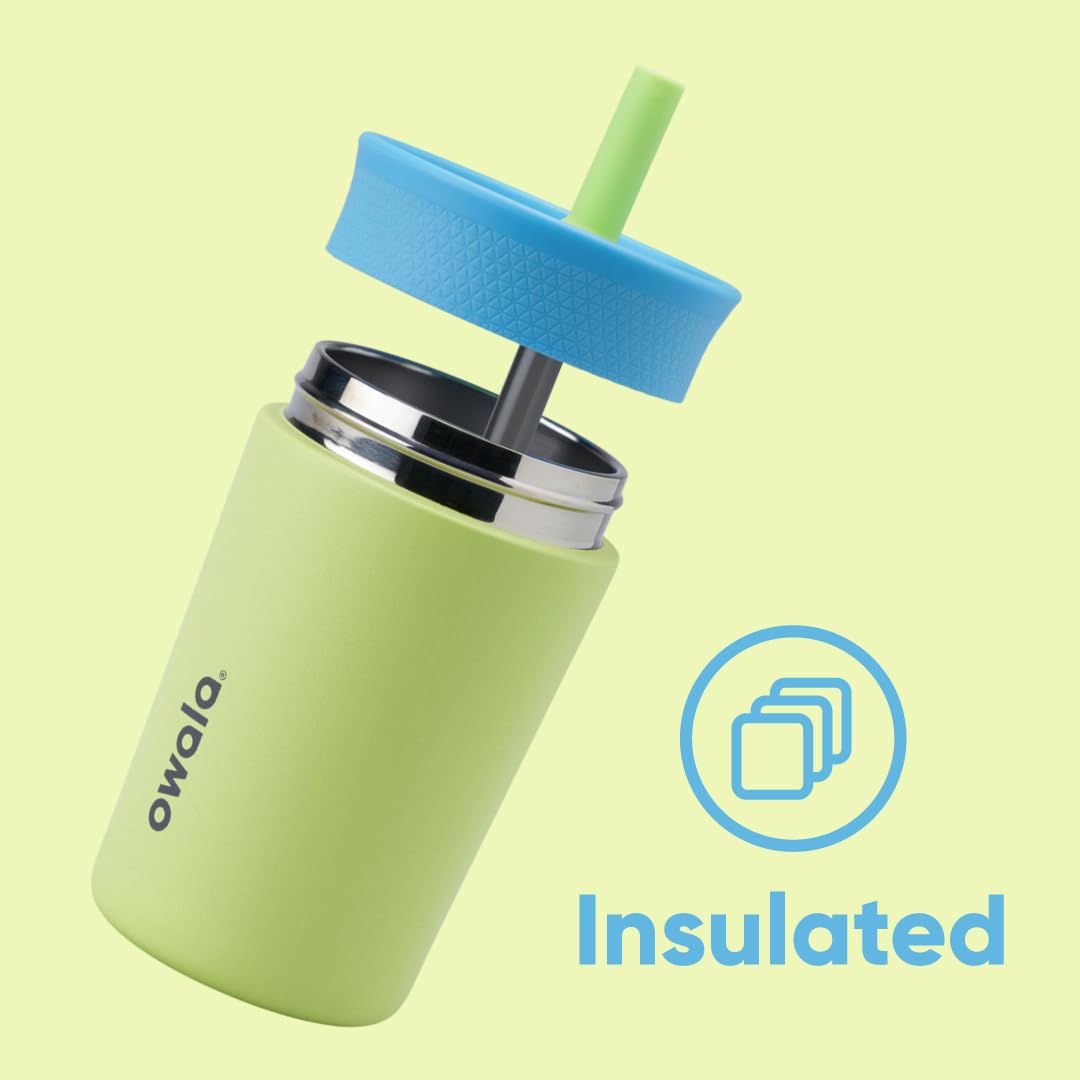 Owala Kids Insulation Stainless Steel Tumbler with Spill Resistant Flexible Straw, Easy to Clean, Kids Water Bottle, Great for Travel, Dishwasher Safe, 12 Oz, Pink and Purple (Lilac Rocket)
