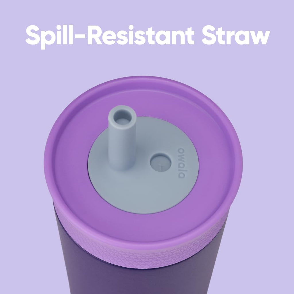 Owala Kids Insulation Stainless Steel Tumbler with Spill Resistant Flexible Straw, Easy to Clean, Kids Water Bottle, Great for Travel, Dishwasher Safe, 12 Oz, Pink and Purple (Lilac Rocket)
