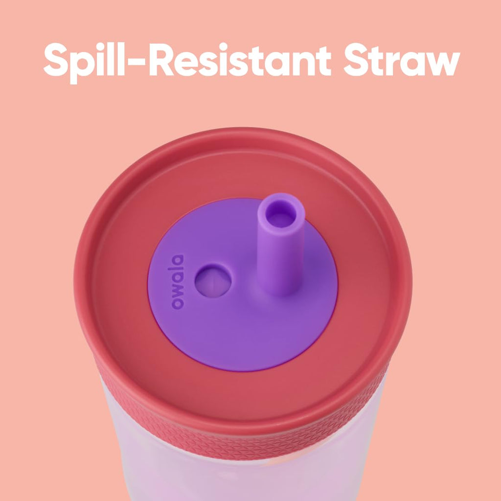 Owala Kids Insulation Stainless Steel Tumbler with Spill Resistant Flexible Straw, Easy to Clean, Kids Water Bottle, Great for Travel, Dishwasher Safe, 12 Oz, Pink and Purple (Lilac Rocket)