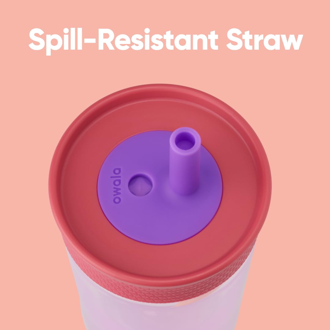 Owala Kids Insulation Stainless Steel Tumbler with Spill Resistant Flexible Straw, Easy to Clean, Kids Water Bottle, Great for Travel, Dishwasher Safe, 12 Oz, Pink and Purple (Lilac Rocket)