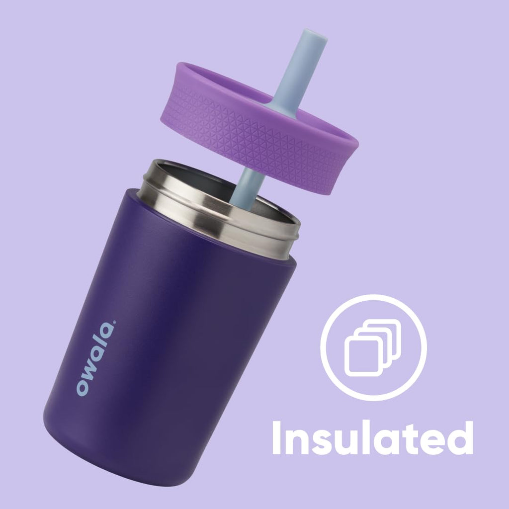 Owala Kids Insulation Stainless Steel Tumbler with Spill Resistant Flexible Straw, Easy to Clean, Kids Water Bottle, Great for Travel, Dishwasher Safe, 12 Oz, Pink and Purple (Lilac Rocket)