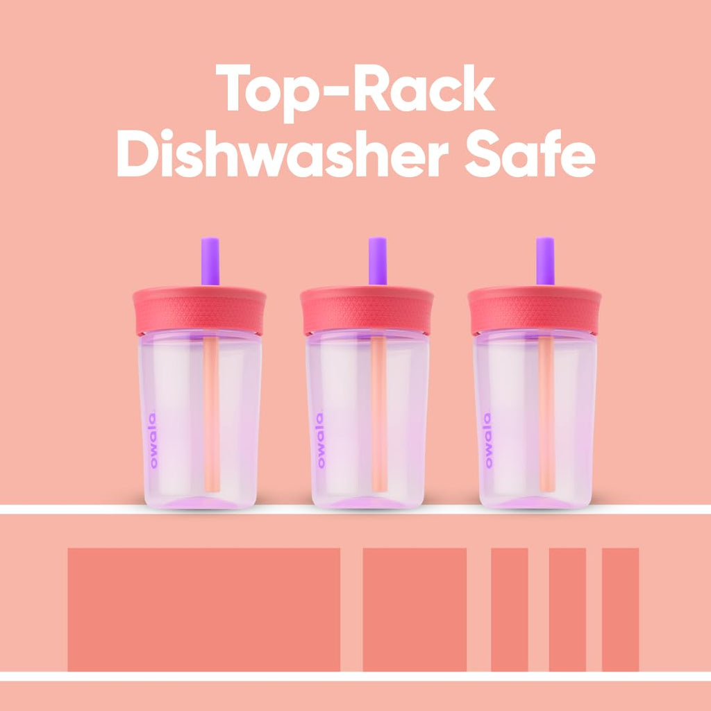 Owala Kids Insulation Stainless Steel Tumbler with Spill Resistant Flexible Straw, Easy to Clean, Kids Water Bottle, Great for Travel, Dishwasher Safe, 12 Oz, Pink and Purple (Lilac Rocket)