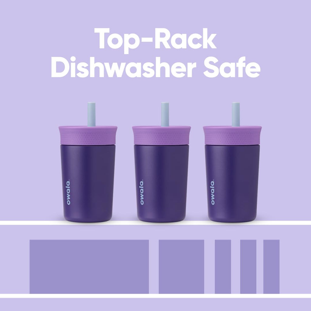 Owala Kids Insulation Stainless Steel Tumbler with Spill Resistant Flexible Straw, Easy to Clean, Kids Water Bottle, Great for Travel, Dishwasher Safe, 12 Oz, Pink and Purple (Lilac Rocket)