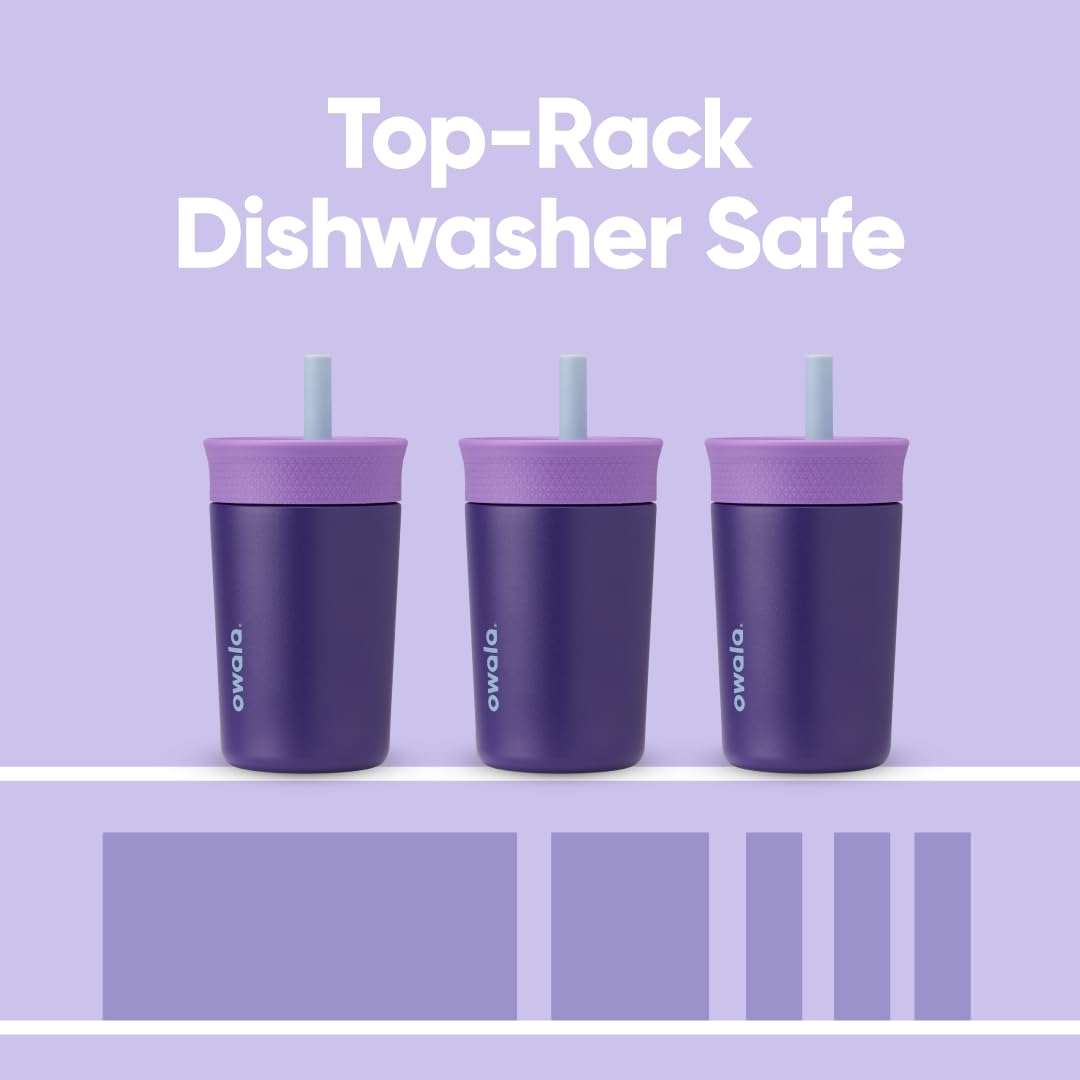 Owala Kids Insulation Stainless Steel Tumbler with Spill Resistant Flexible Straw, Easy to Clean, Kids Water Bottle, Great for Travel, Dishwasher Safe, 12 Oz, Pink and Purple (Lilac Rocket)