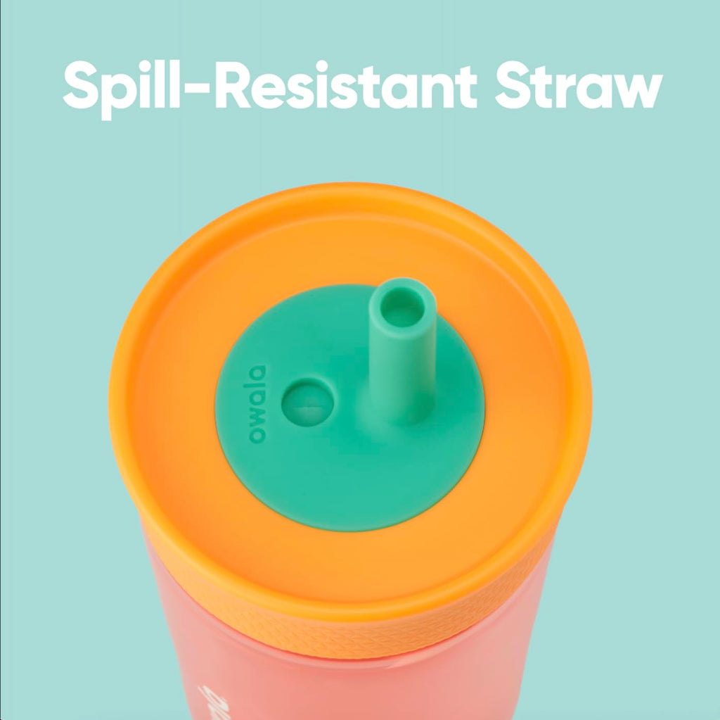 Owala Kids Insulation Stainless Steel Tumbler with Spill Resistant Flexible Straw, Easy to Clean, Kids Water Bottle, Great for Travel, Dishwasher Safe, 12 Oz, Pink and Purple (Lilac Rocket)