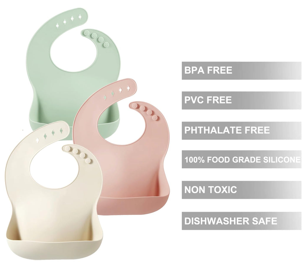 PandaEar Set of 3 Silicone Baby Bibs Waterproof, Soft, Unisex, 10-72 Months