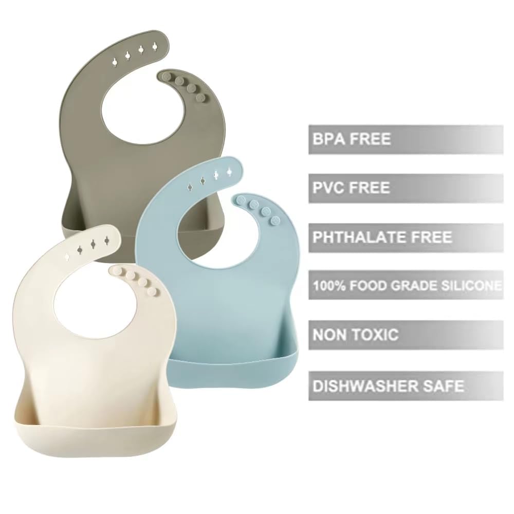 PandaEar Set of 3 Silicone Baby Bibs Waterproof, Soft, Unisex, 10-72 Months