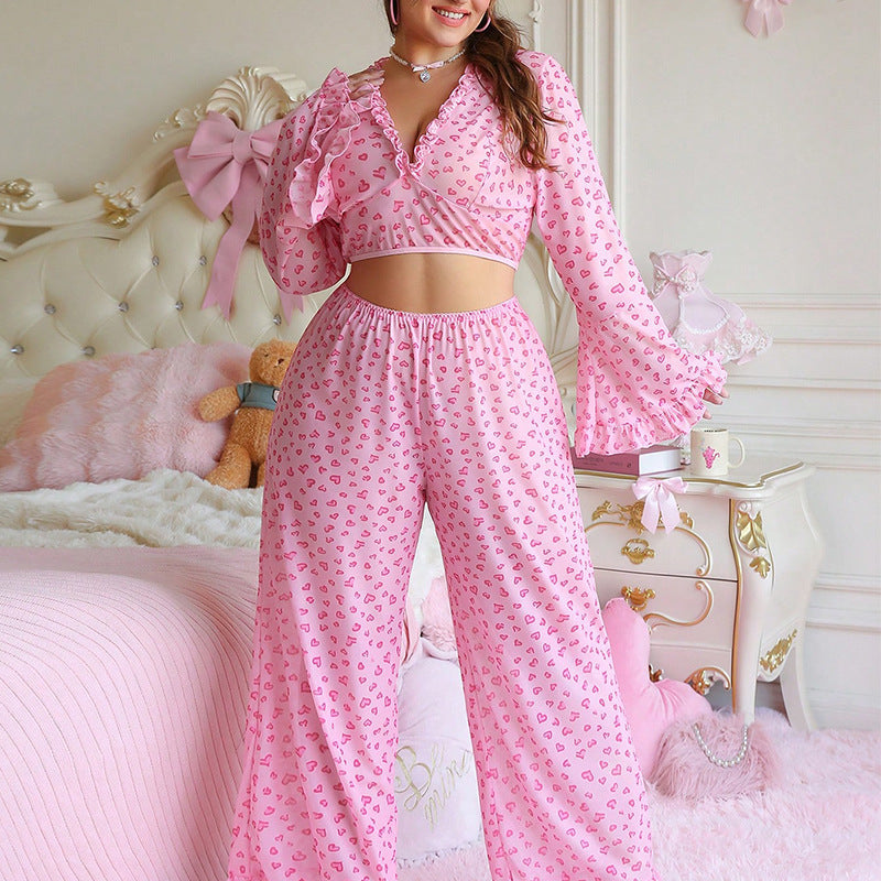 Sheer Lace Heart Print Pajama Set