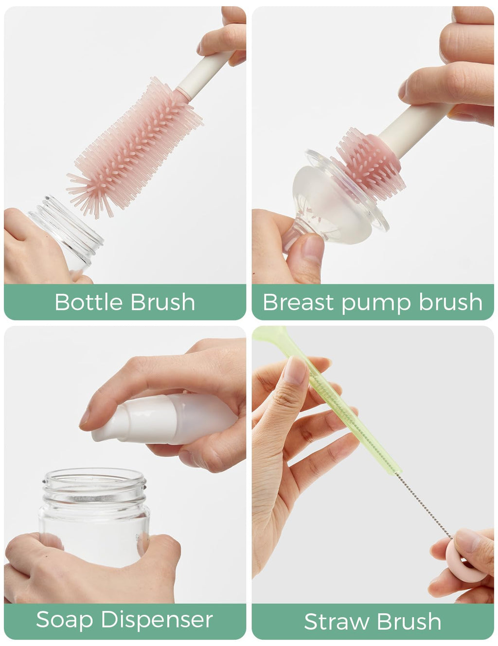 Momcozy 7-in-1 Baby Bottle Cleaner Kit with Silicone, Nipple & Straw Brushes, Soap Dispenser and Drying Rack - Portable Cleaning Tool for Home and Travel, Pink