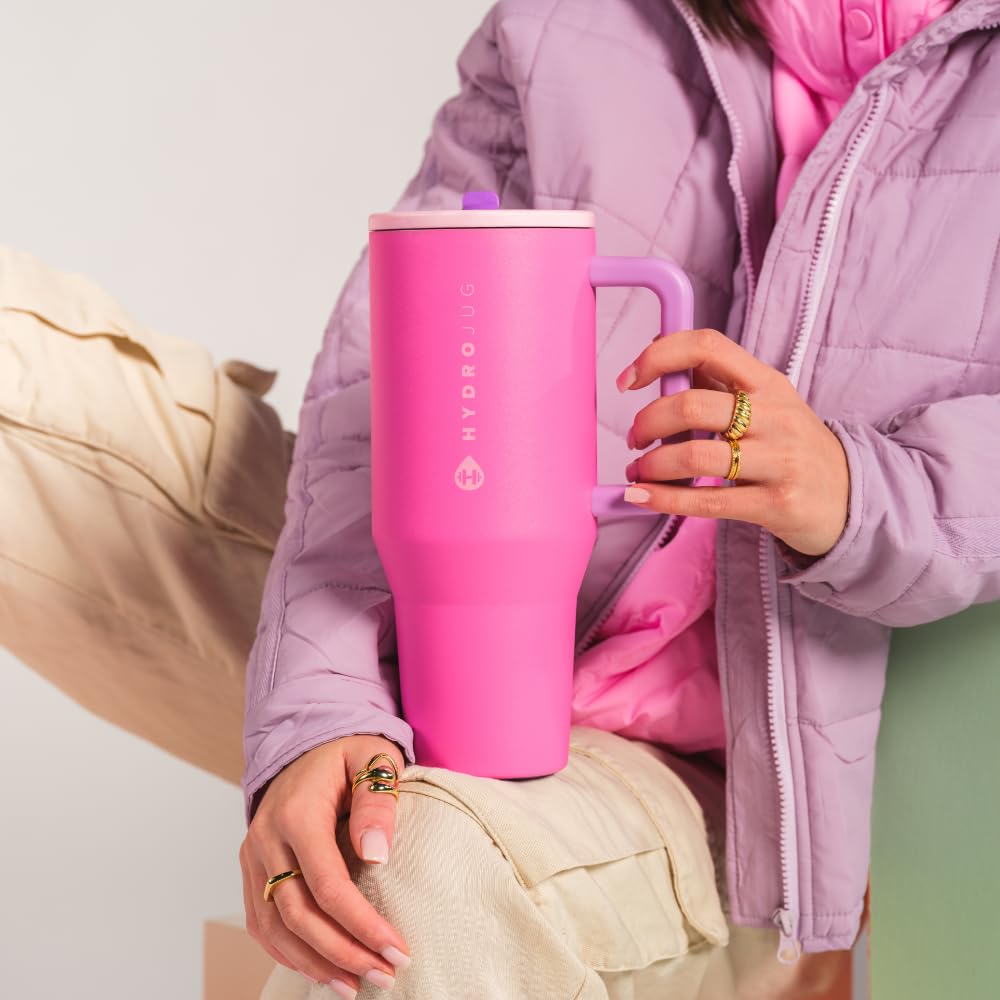 HydroJug Traveler - 32 oz Water Bottle with Handle & Flip Straw - Fits in Cup Holder, Leak Resistant Tumbler-Reusable Insulated Stainless Steel & Rubber Base - Gifts for Women & Men, Pink Sand