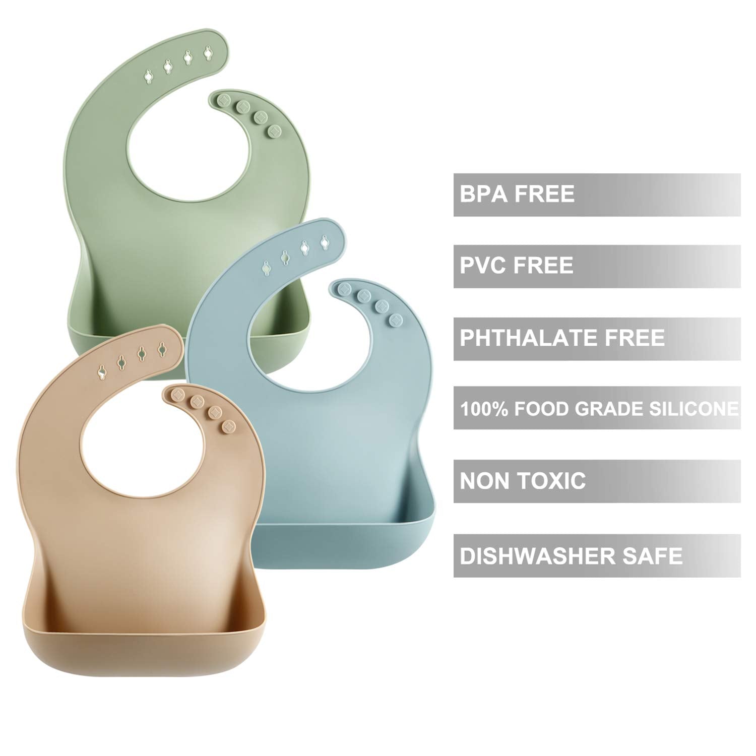 PandaEar Set of 3 Silicone Baby Bibs Waterproof, Soft, Unisex, 10-72 Months