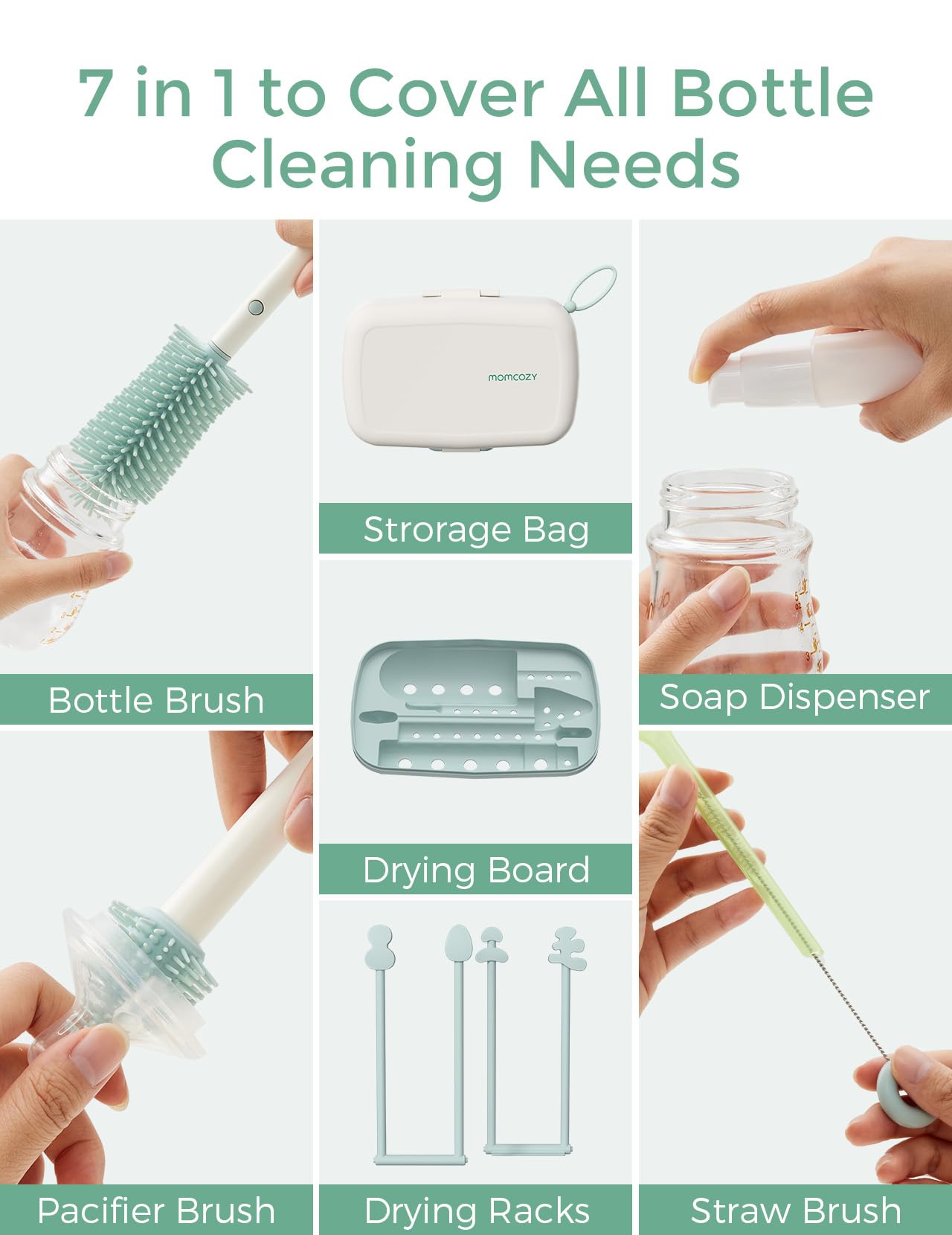 Momcozy 7-in-1 Baby Bottle Cleaner Kit with Silicone, Nipple & Straw Brushes, Soap Dispenser and Drying Rack - Portable Cleaning Tool for Home and Travel, Pink