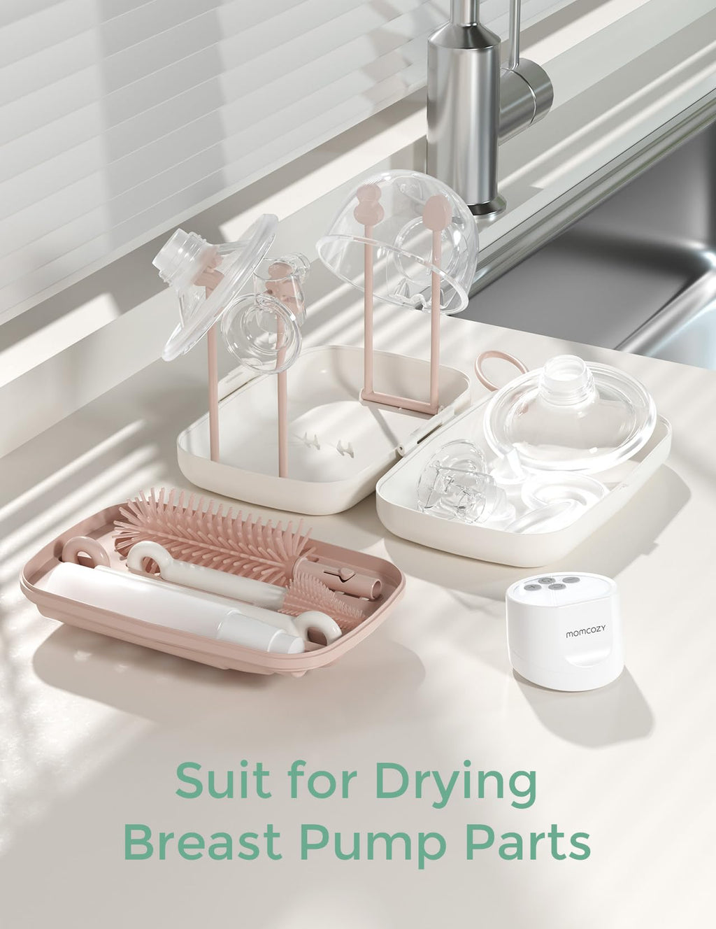 Momcozy 7-in-1 Baby Bottle Cleaner Kit with Silicone, Nipple & Straw Brushes, Soap Dispenser and Drying Rack - Portable Cleaning Tool for Home and Travel, Pink