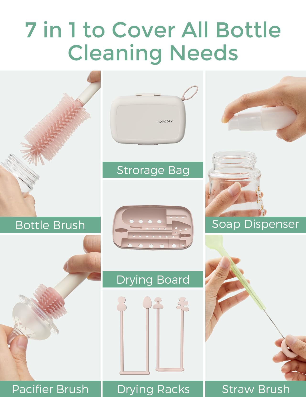 Momcozy 7-in-1 Baby Bottle Cleaner Kit with Silicone, Nipple & Straw Brushes, Soap Dispenser and Drying Rack - Portable Cleaning Tool for Home and Travel, Pink