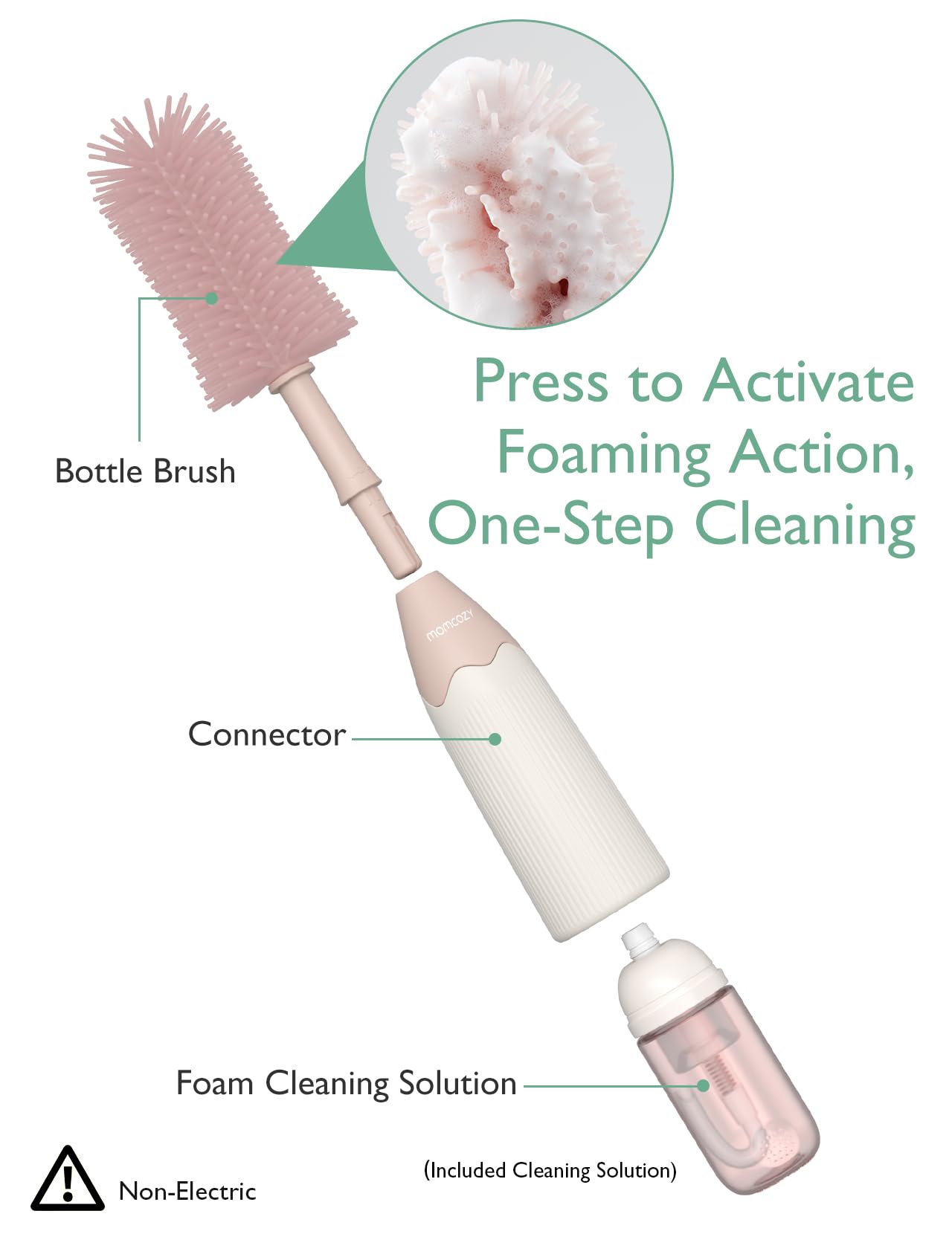 Momcozy 7-in-1 Baby Bottle Cleaner Kit with Silicone, Nipple & Straw Brushes, Soap Dispenser and Drying Rack - Portable Cleaning Tool for Home and Travel, Pink