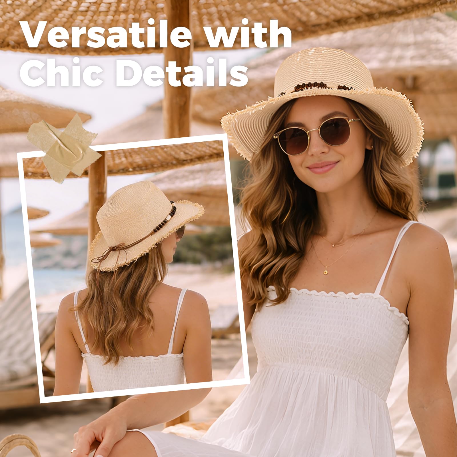 ACUSHLA Straw Sun Hat for Women Wide Brim Adjustable Boho Summer Beach Hats with Bow Vintage Fedora Panama UPF 50+