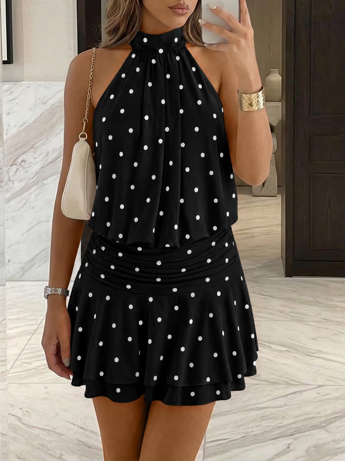 Wenrine Womens Mesh Halter Mini Dresses Summer Sleeveless Tie Open Back Ruched Waist Tiered Ruffle Going Out Club Dress