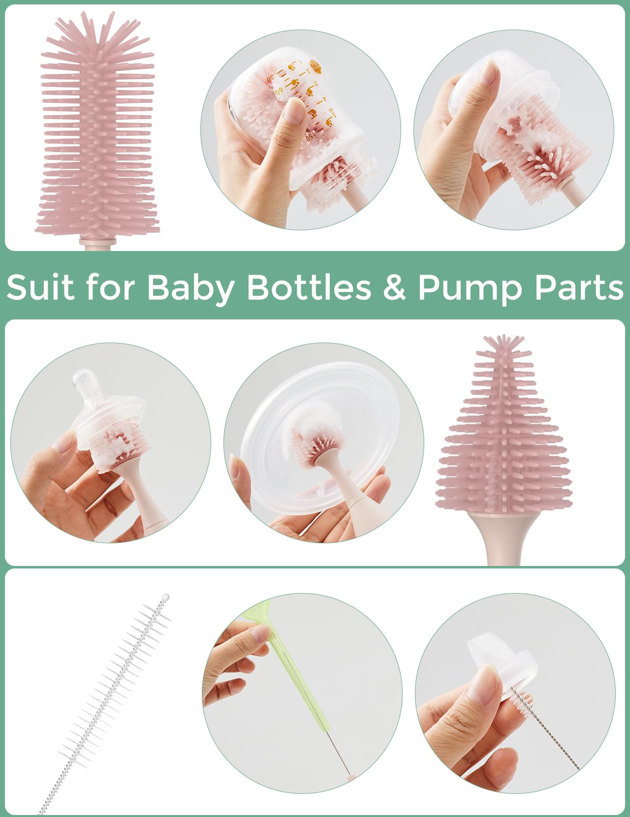 Momcozy 7-in-1 Baby Bottle Cleaner Kit with Silicone, Nipple & Straw Brushes, Soap Dispenser and Drying Rack - Portable Cleaning Tool for Home and Travel, Pink