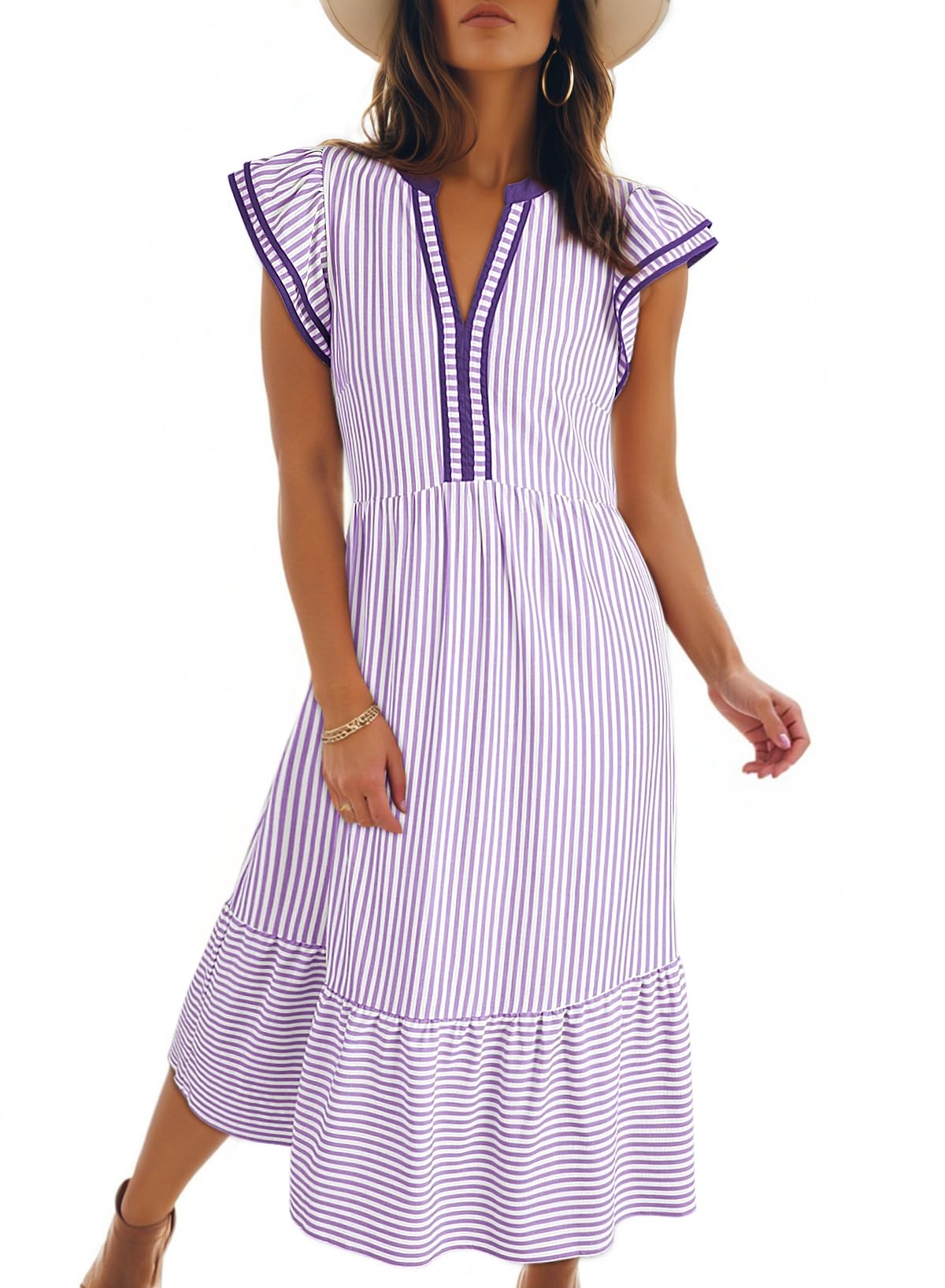Dokotoo Womens Dresses 2026 Summer V-Neck Ruffle Cap Sleeve Empire Waist Flowy Striped Beach Midi Maxi Dress with Pockets