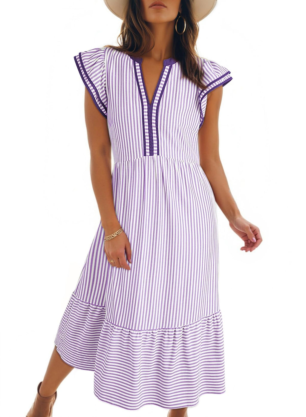 Dokotoo Womens Dresses 2026 Summer V-Neck Ruffle Cap Sleeve Empire Waist Flowy Striped Beach Midi Maxi Dress with Pockets