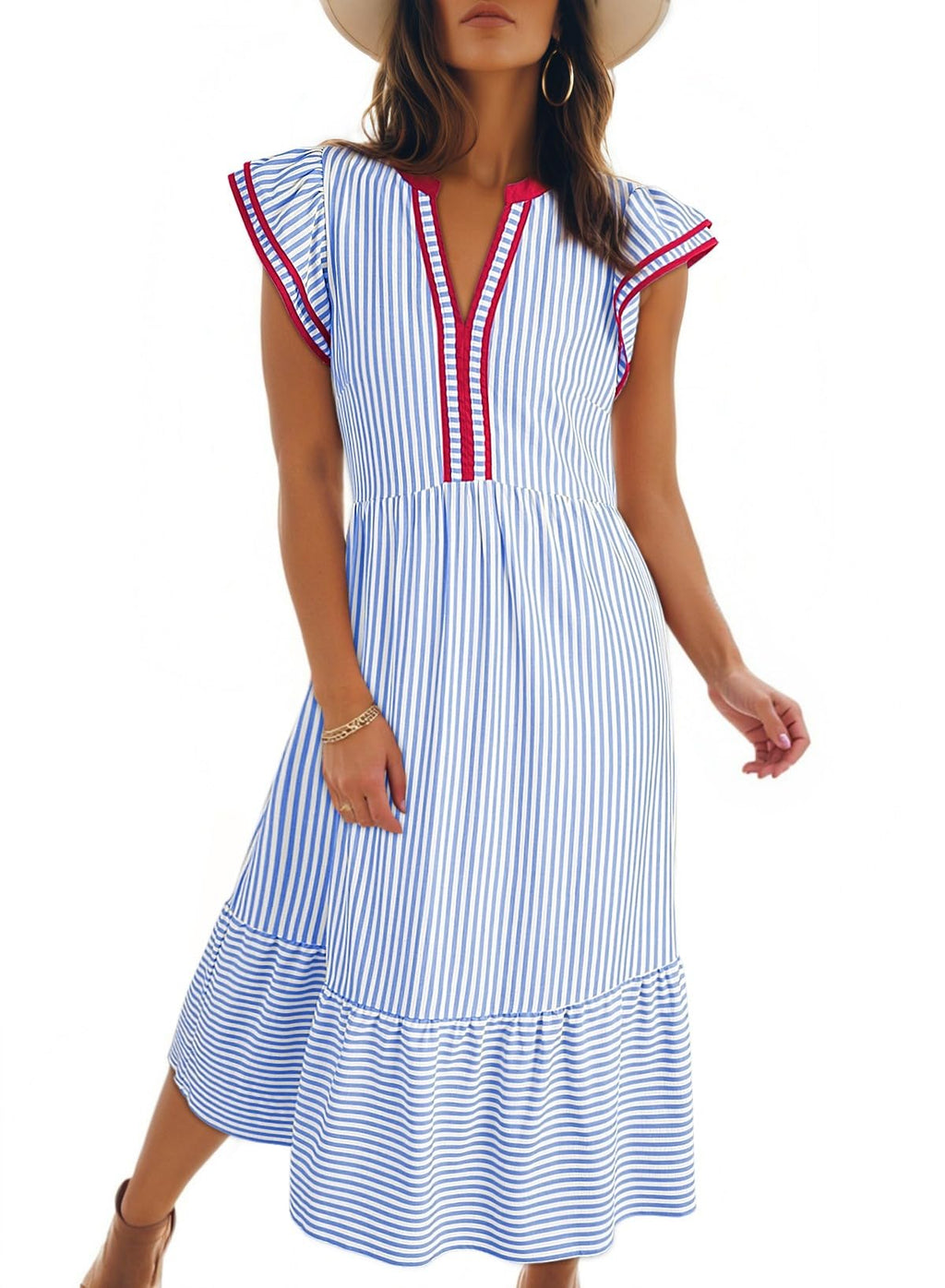 Dokotoo Womens Dresses 2026 Summer V-Neck Ruffle Cap Sleeve Empire Waist Flowy Striped Beach Midi Maxi Dress with Pockets