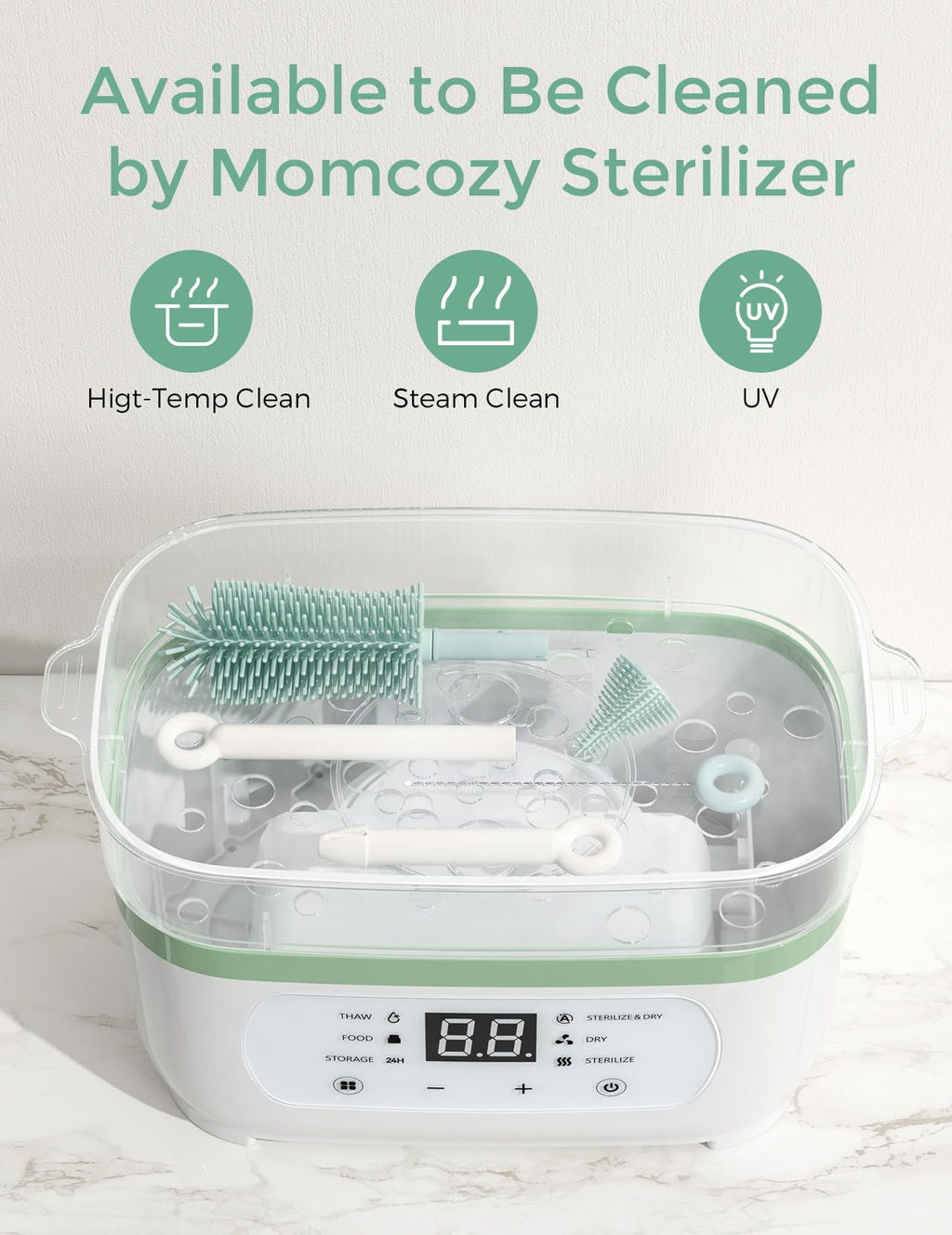 Momcozy 7-in-1 Baby Bottle Cleaner Kit with Silicone, Nipple & Straw Brushes, Soap Dispenser and Drying Rack - Portable Cleaning Tool for Home and Travel, Pink