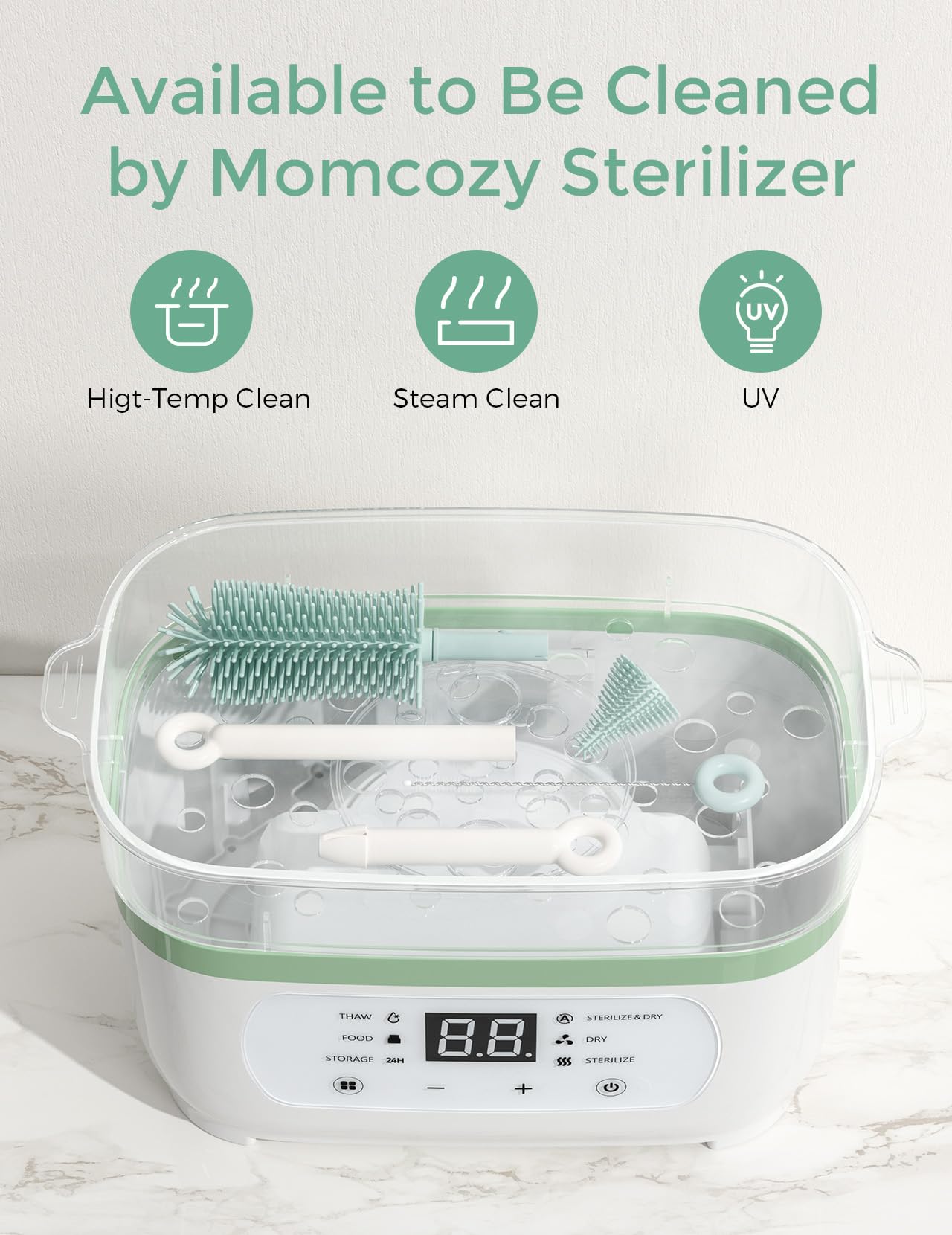 Momcozy 7-in-1 Baby Bottle Cleaner Kit with Silicone, Nipple & Straw Brushes, Soap Dispenser and Drying Rack - Portable Cleaning Tool for Home and Travel, Pink