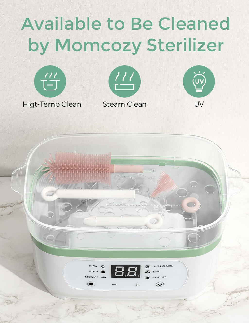 Momcozy 7-in-1 Baby Bottle Cleaner Kit with Silicone, Nipple & Straw Brushes, Soap Dispenser and Drying Rack - Portable Cleaning Tool for Home and Travel, Pink