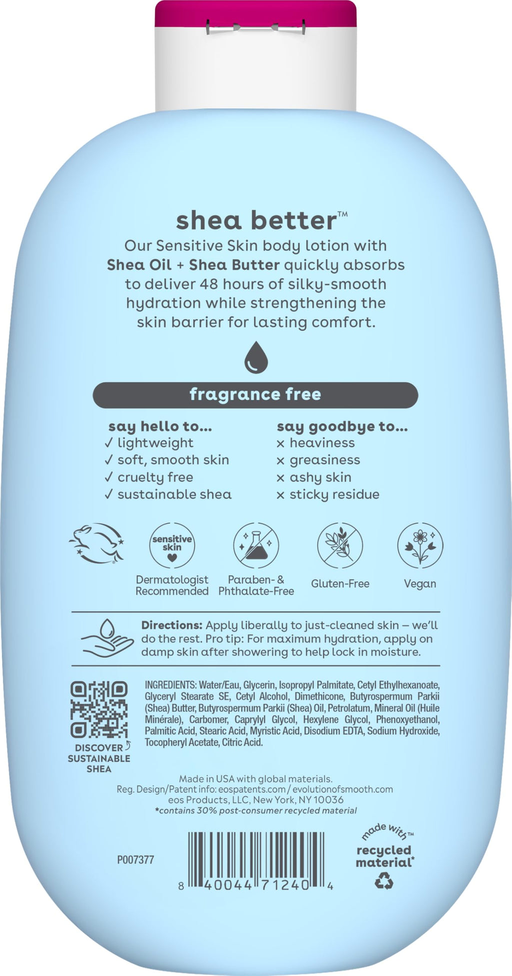 eos Shea Better Body Lotion Vanilla Cashmere, 24-Hour Moisture Skin Care, Lightweight & Non-Greasy, Natural Shea, Vegan, Vanilla Body Lotion, 16 fl oz