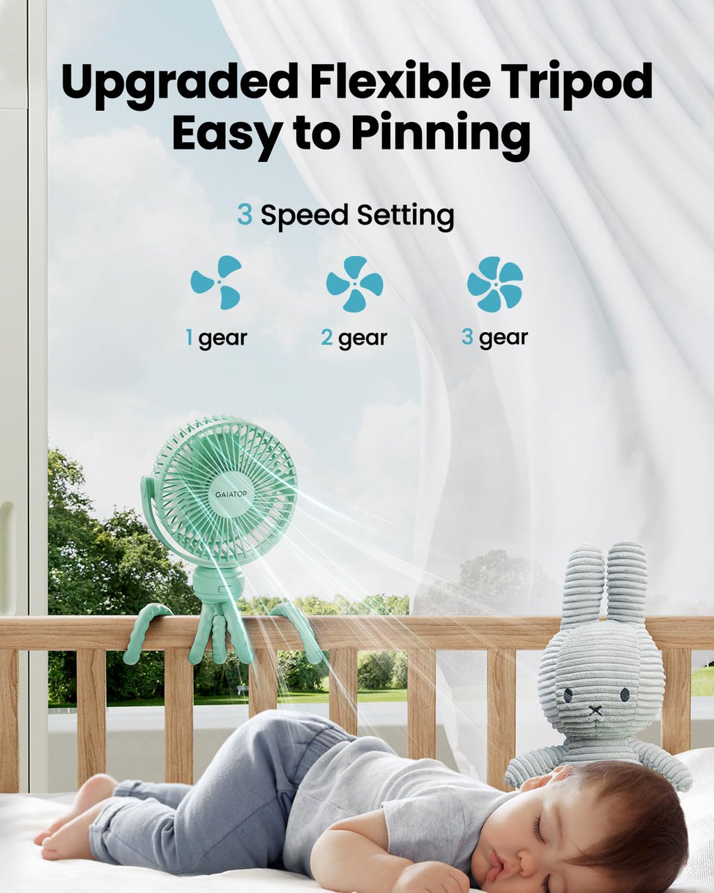 Gaiatop Mini Portable Stroller Fan, Battery Operated Small Clip on, Detachable 3 Speed Rechargeable, 360° Rotate Flexible Tripod Better Cooling for Car Seat Crib Treadmill Travel Black