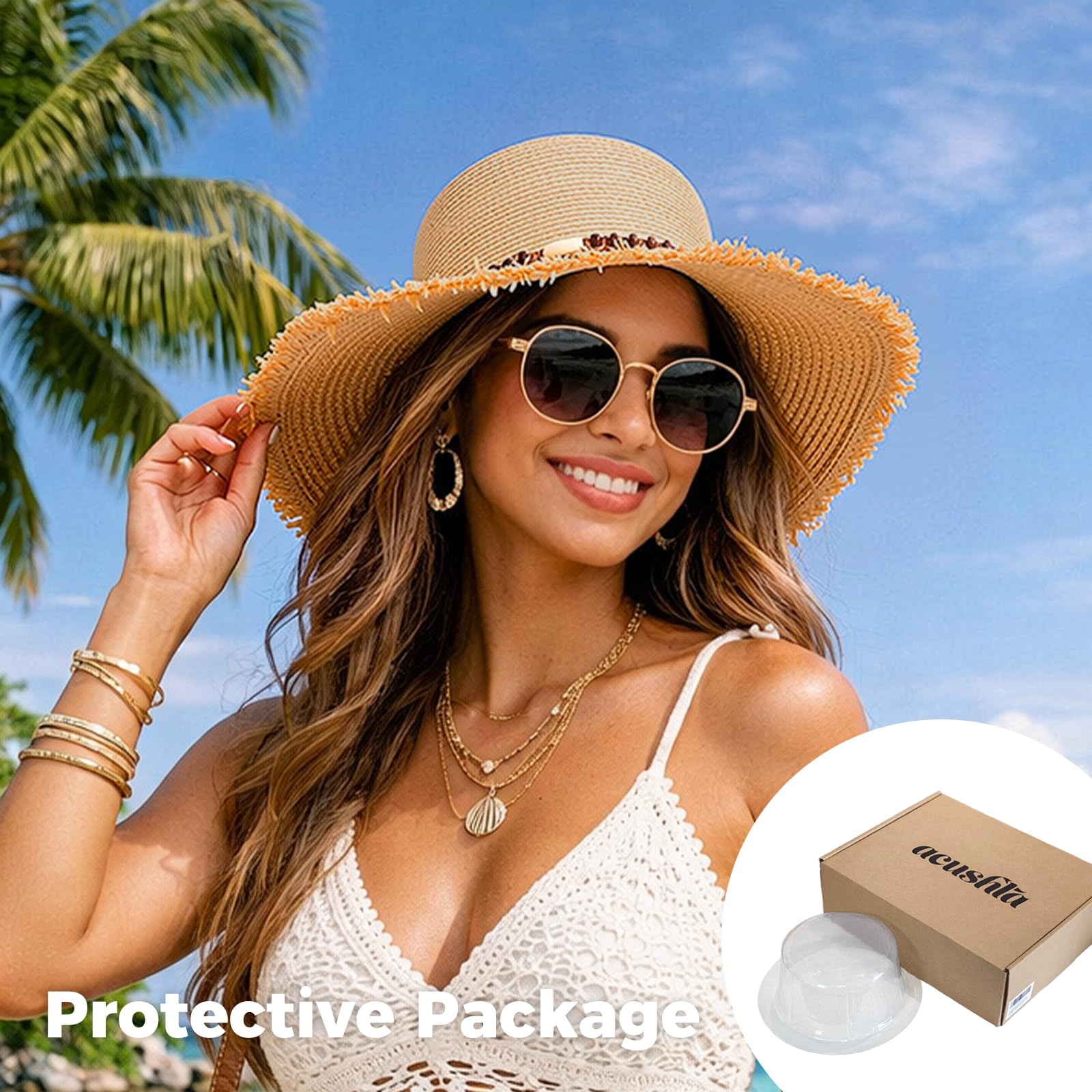 ACUSHLA Straw Sun Hat for Women Wide Brim Adjustable Boho Summer Beach Hats with Bow Vintage Fedora Panama UPF 50+
