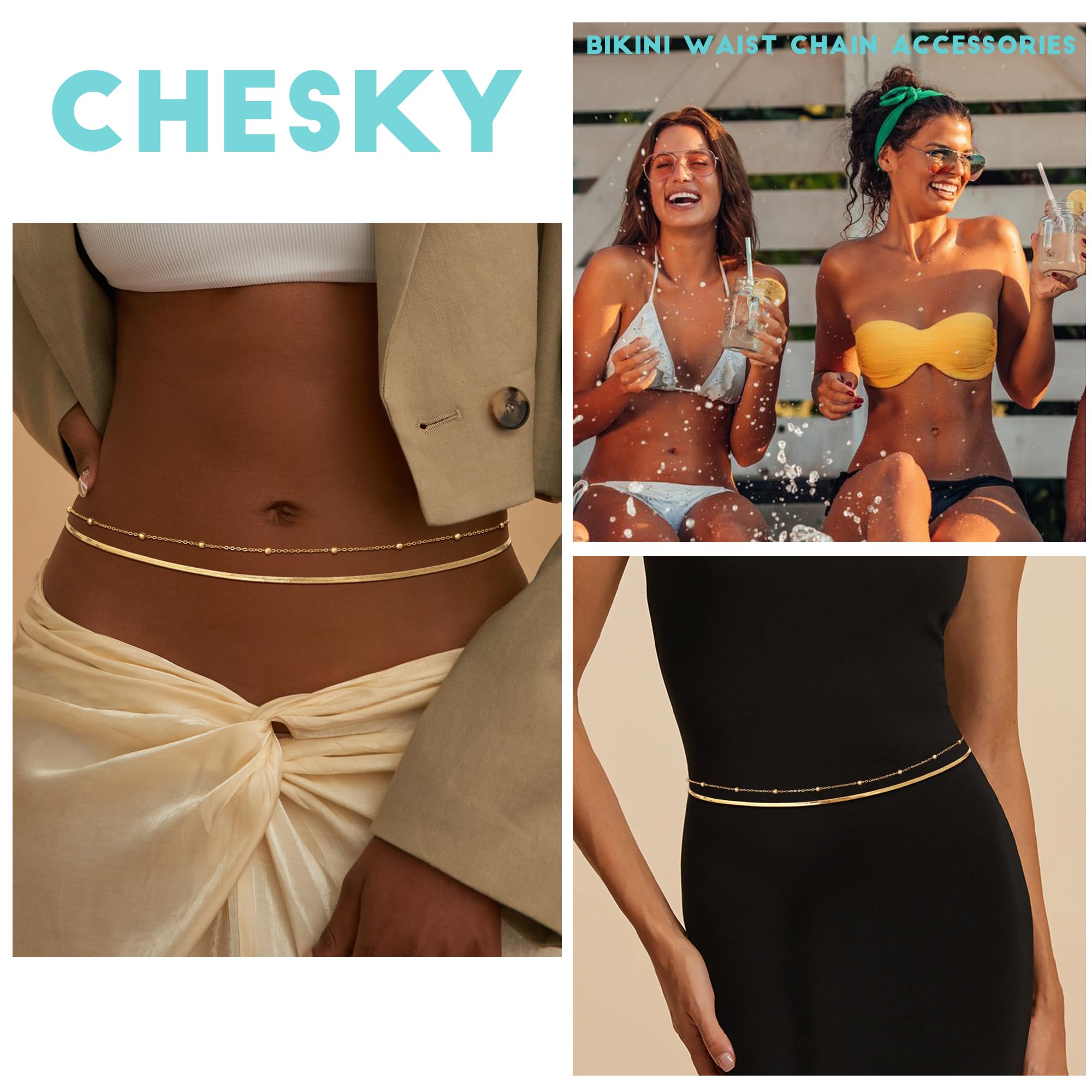 CHESKY 14K Gold Plated Silver Plated Waist Chain for Women, Layered Belly Belt Chains Beach Waist Beads Chain Waterproof Snake Cuban Body Chain Summer Jewelry Accessories for Women