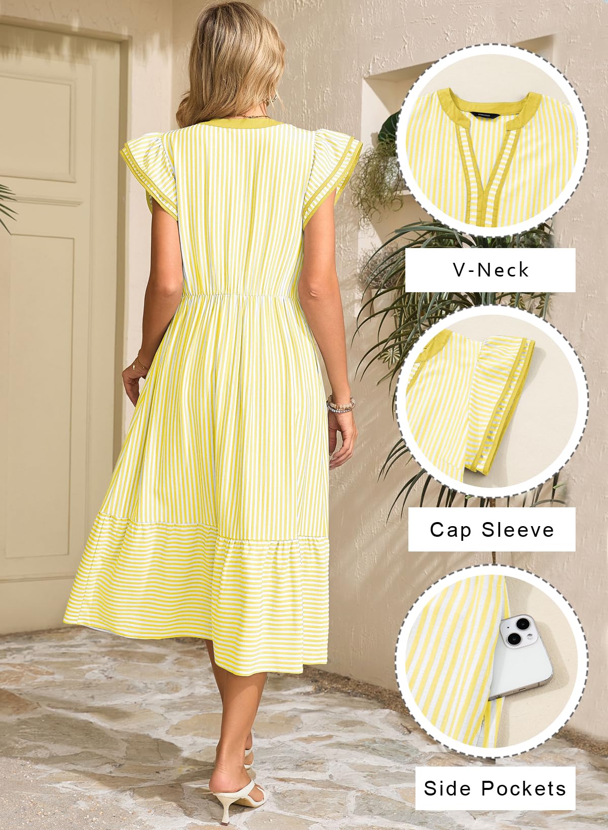 Dokotoo Womens Dresses 2026 Summer V-Neck Ruffle Cap Sleeve Empire Waist Flowy Striped Beach Midi Maxi Dress with Pockets
