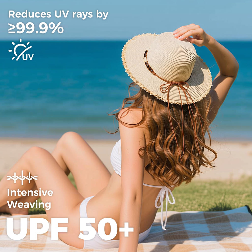 ACUSHLA Straw Sun Hat for Women Wide Brim Adjustable Boho Summer Beach Hats with Bow Vintage Fedora Panama UPF 50+