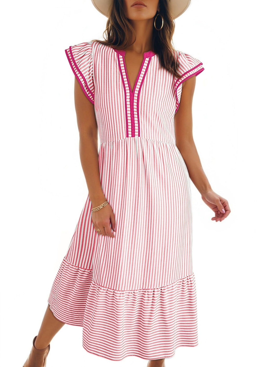Dokotoo Womens Dresses 2026 Summer V-Neck Ruffle Cap Sleeve Empire Waist Flowy Striped Beach Midi Maxi Dress with Pockets