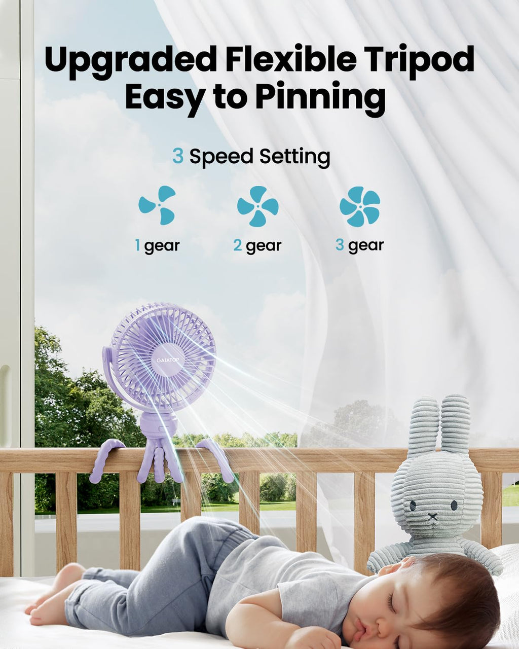Gaiatop Mini Portable Stroller Fan, Battery Operated Small Clip on, Detachable 3 Speed Rechargeable, 360° Rotate Flexible Tripod Better Cooling for Car Seat Crib Treadmill Travel Black
