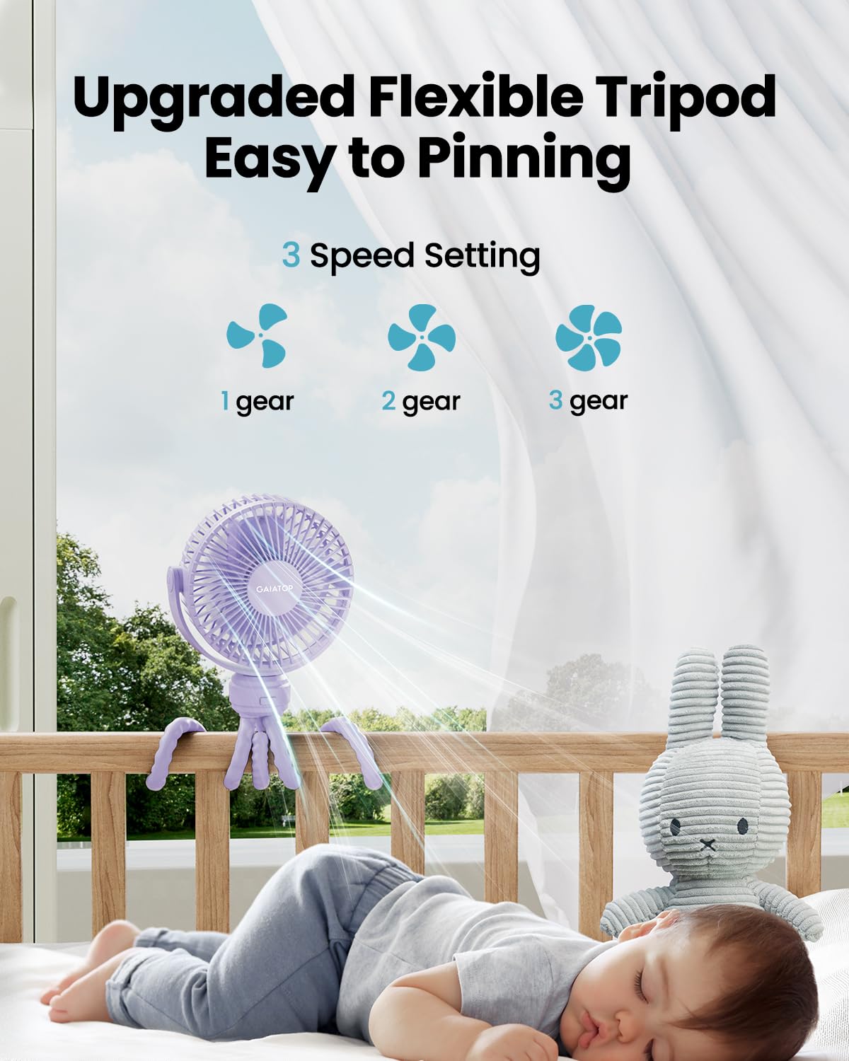 Gaiatop Mini Portable Stroller Fan, Battery Operated Small Clip on, Detachable 3 Speed Rechargeable, 360° Rotate Flexible Tripod Better Cooling for Car Seat Crib Treadmill Travel Black
