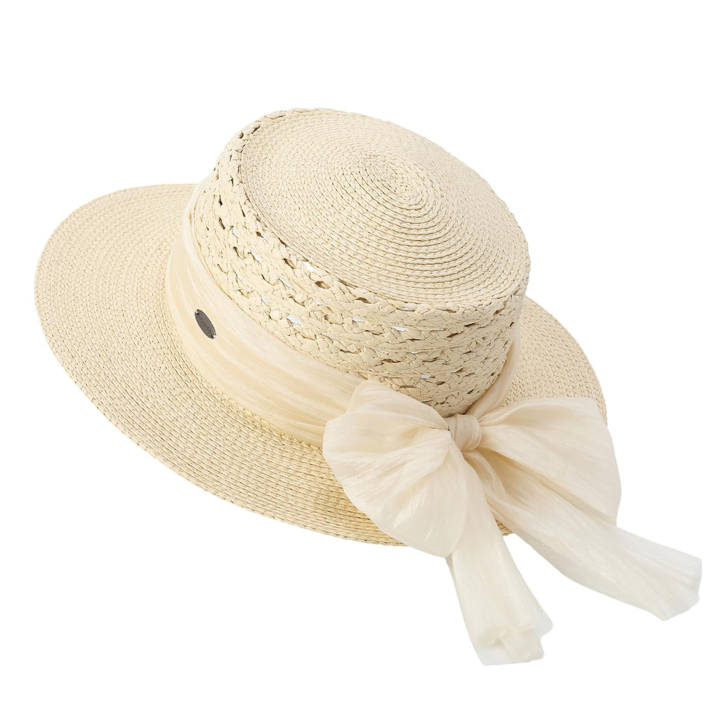ACUSHLA Straw Sun Hat for Women Wide Brim Adjustable Boho Summer Beach Hats with Bow Vintage Fedora Panama UPF 50+