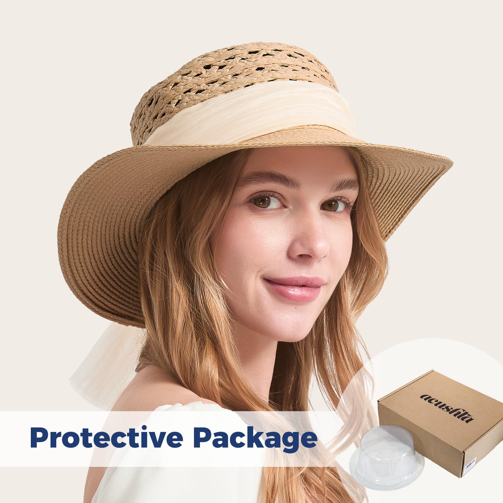 ACUSHLA Straw Sun Hat for Women Wide Brim Adjustable Boho Summer Beach Hats with Bow Vintage Fedora Panama UPF 50+