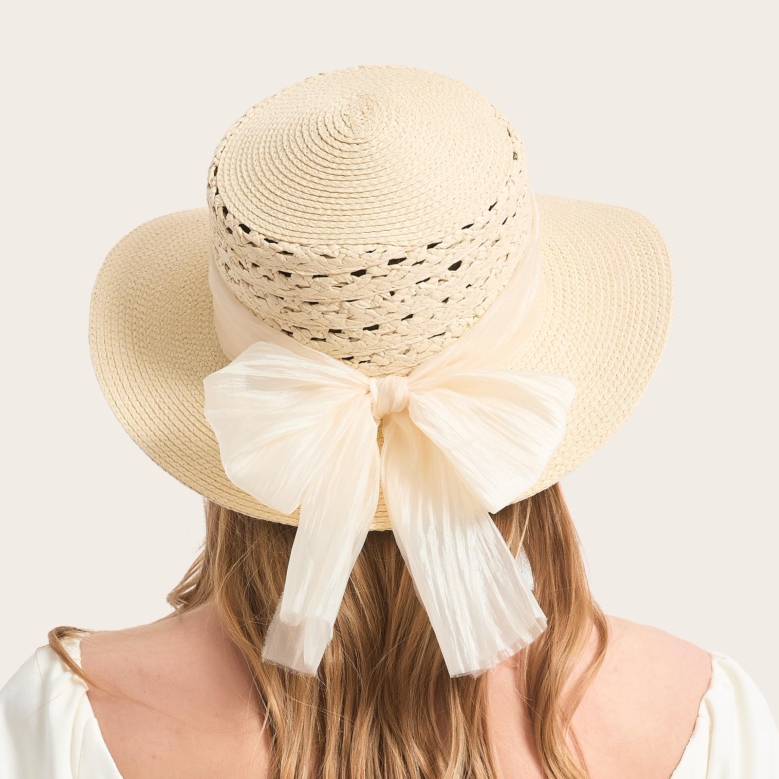 ACUSHLA Straw Sun Hat for Women Wide Brim Adjustable Boho Summer Beach Hats with Bow Vintage Fedora Panama UPF 50+