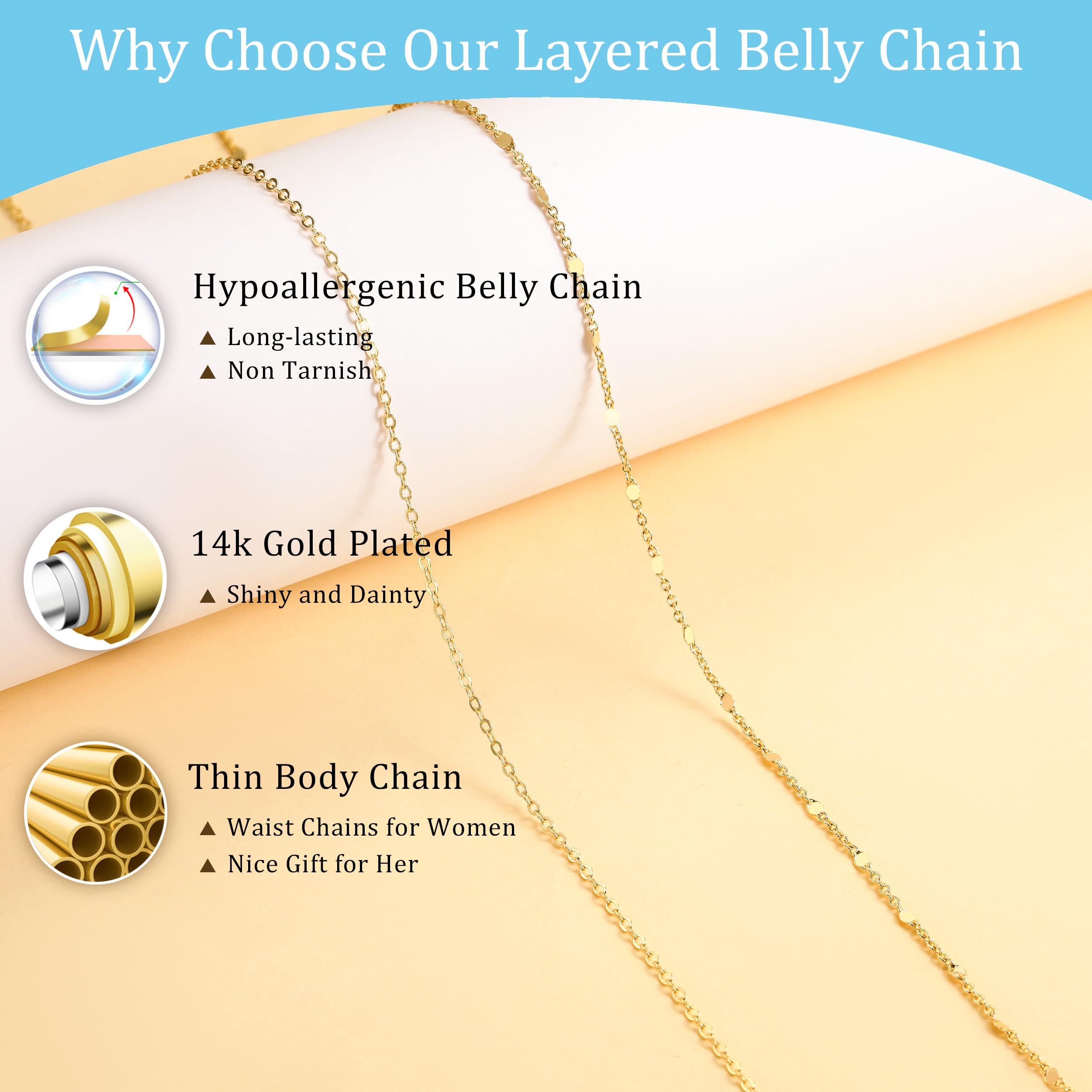 CHESKY 14K Gold Plated Silver Plated Waist Chain for Women, Layered Belly Belt Chains Beach Waist Beads Chain Waterproof Snake Cuban Body Chain Summer Jewelry Accessories for Women